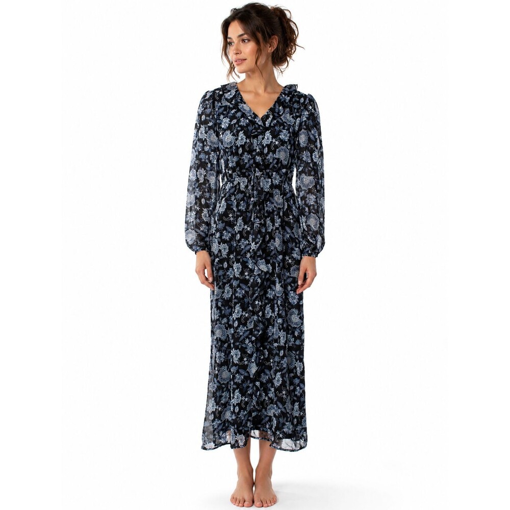JOIE Women's New Maxi Dress XS Blue Floral Ruffle Long Sleeve
